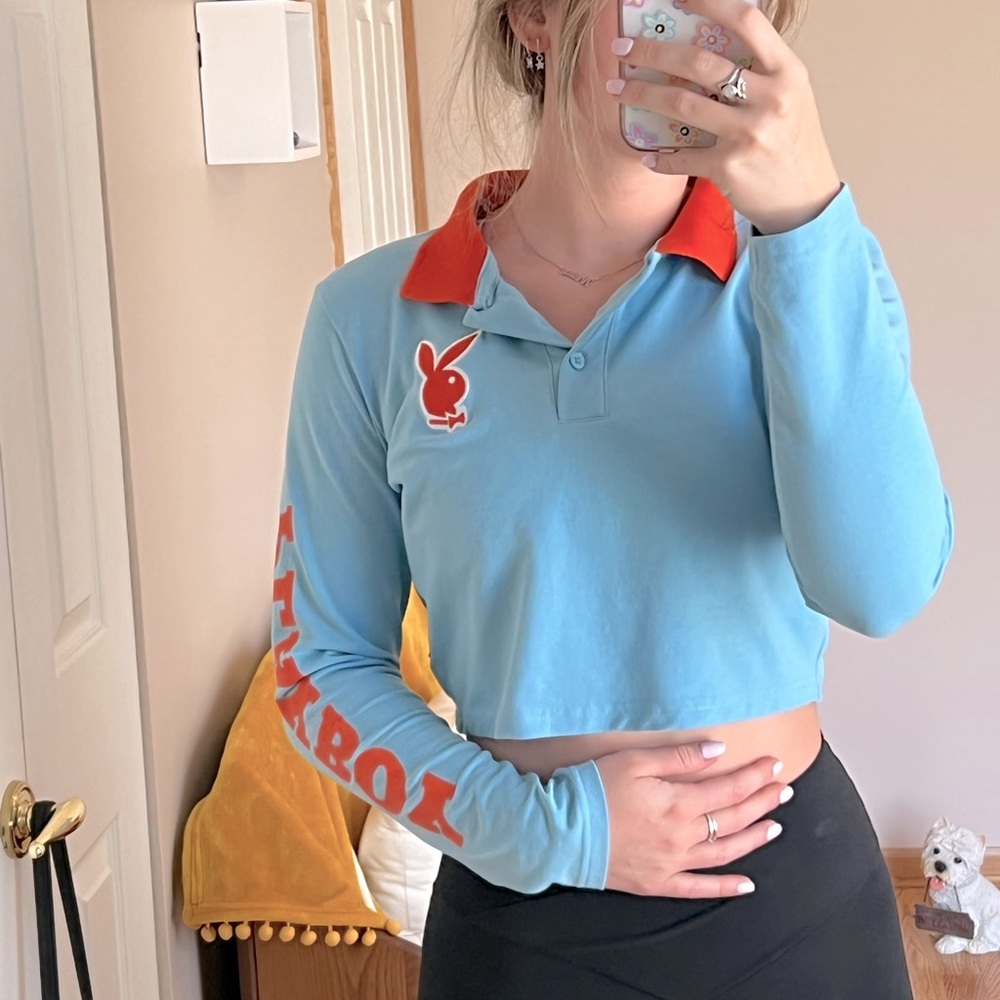 PLAYBOY x Missguided Blue Varisty Polo Crop Top